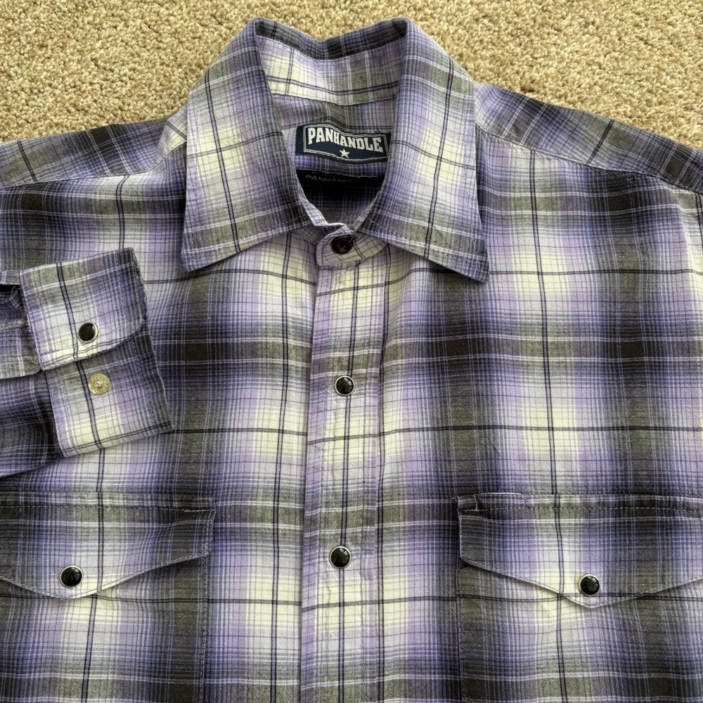 Panhandle Slim Western Shirt Mens Small Purple Grey Plaid Pearl Snap Excellent